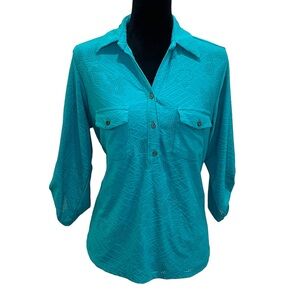 Teal Blue 3/4 sleeve Women’s Blouse with Textured Pattern and Chest Pockets